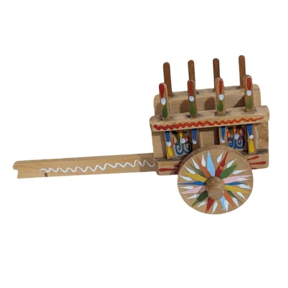 Handmade Costa Rica Wooden Ox Cart Souvenir Small Folk Art Decor Painted With Wh - Picture 1 of 8